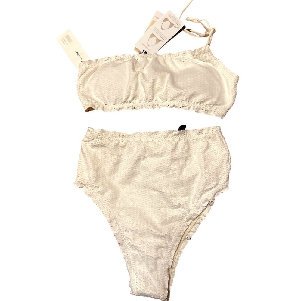 ViX One-Shoulder White Textured Crop Top/Bralette Bikini Gold Hardware XS